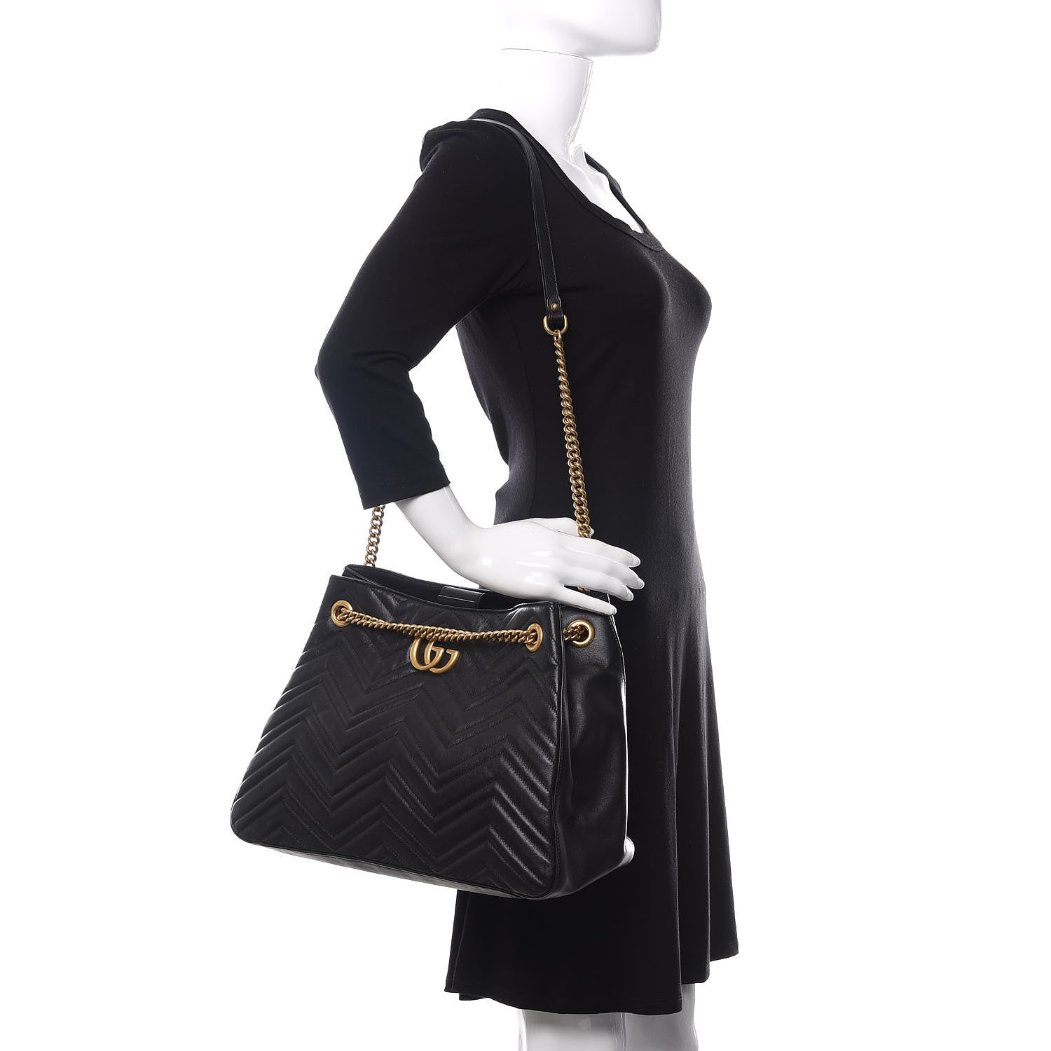 Gucci Calfskin Matelasse Medium GG Marmont Shoulder Tote Bag Black 2 of 15