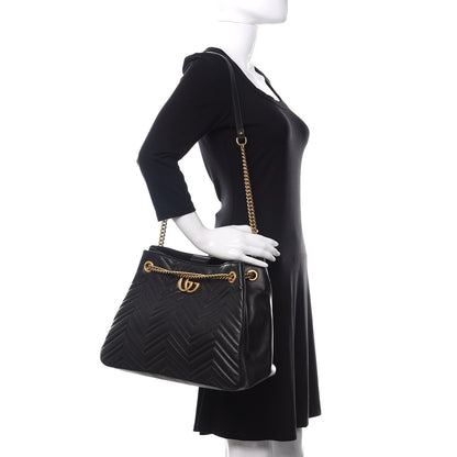 Gucci Calfskin Matelasse Medium GG Marmont Shoulder Tote Bag Black 2 of 15