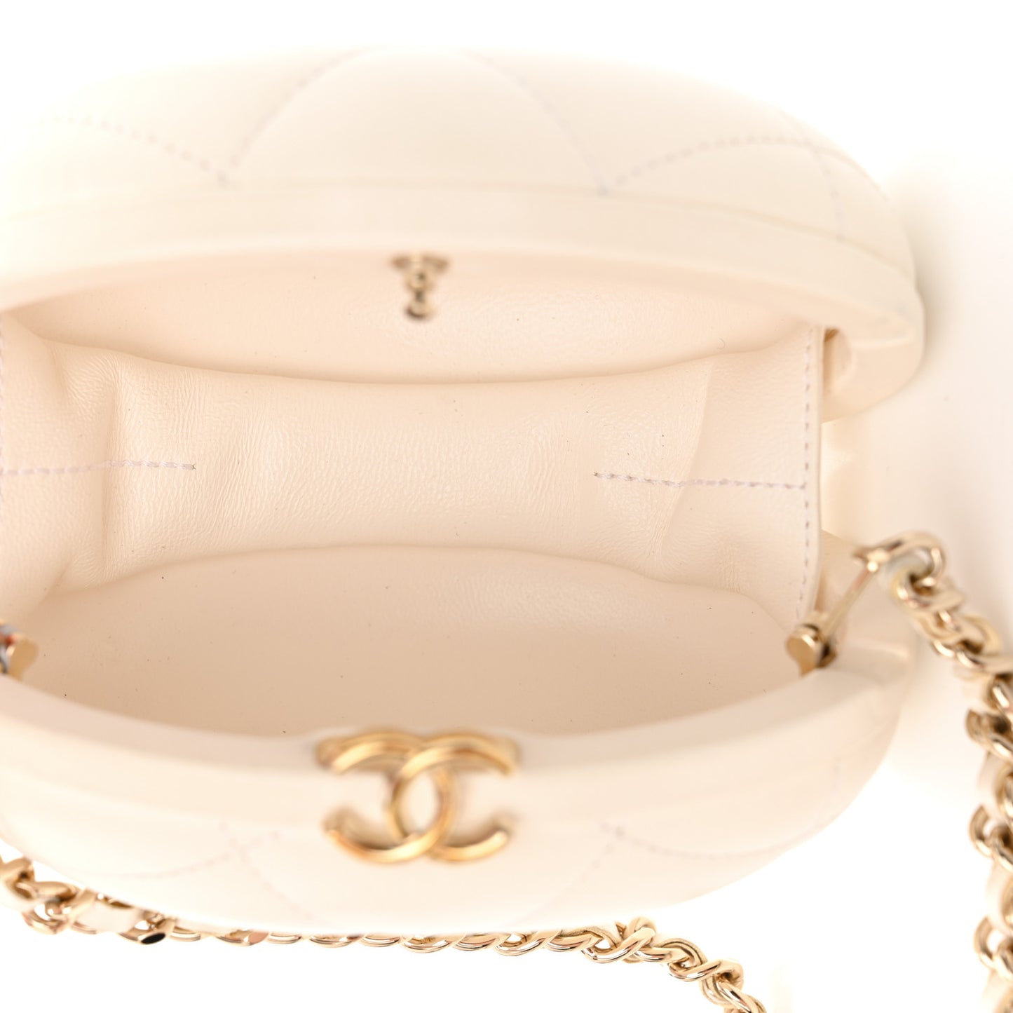 Lambskin Quilted Oval Minaudiere Chain Clutch White