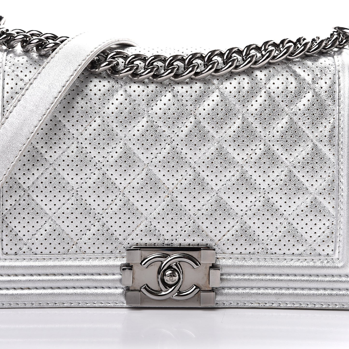 Metallic Perforated Lambskin Quilted Medium Boy Flap Argent
