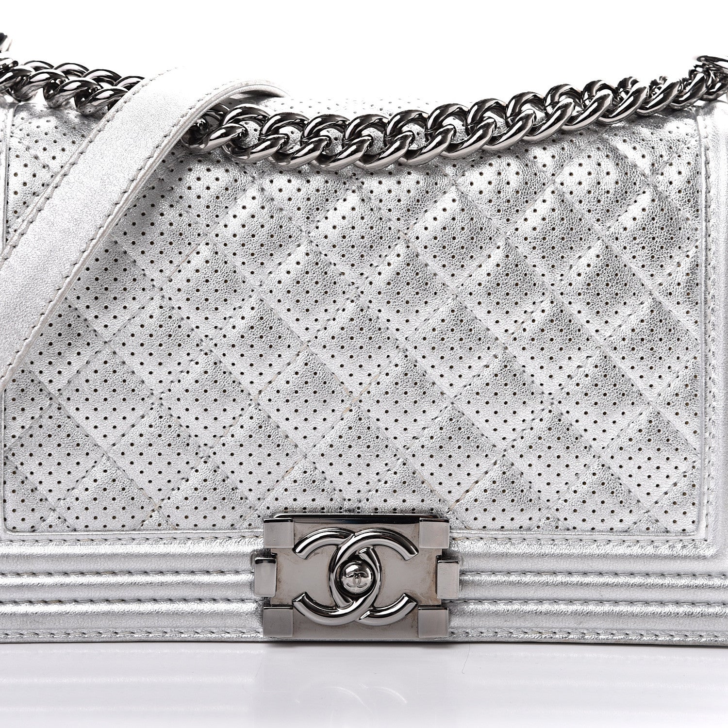 Chanel Metallic Perforated Lambskin Quilted Medium Boy Flap Argent 12 of 20