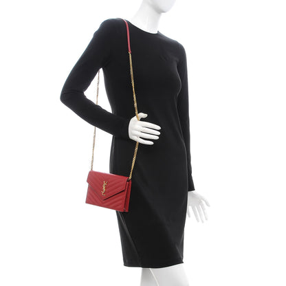 Saint Laurent Grain De Poudre Matelasse Chevron Monogram Envelope Chain Wallet New Red 2 of 8