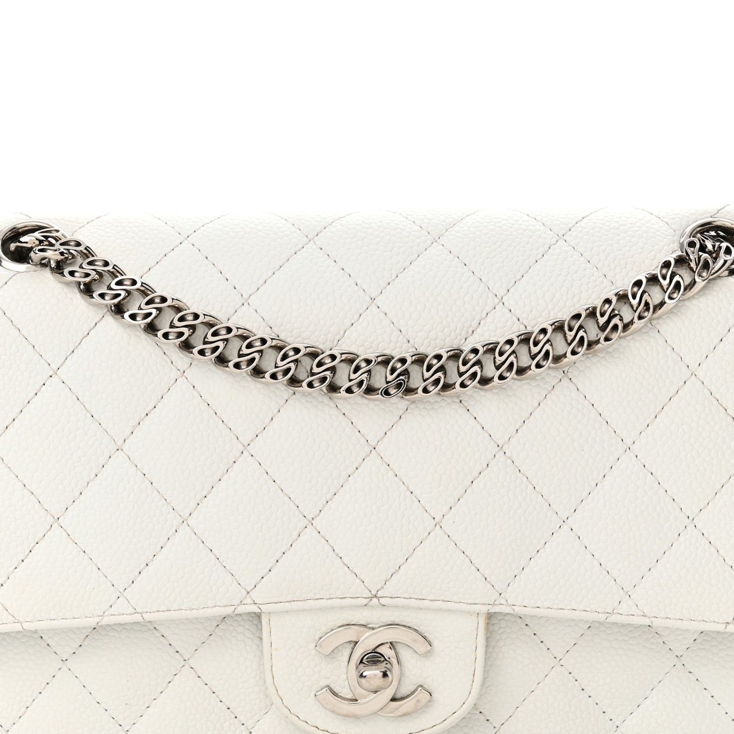 Caviar Quilted Medium Double Flap Bijoux Chain White