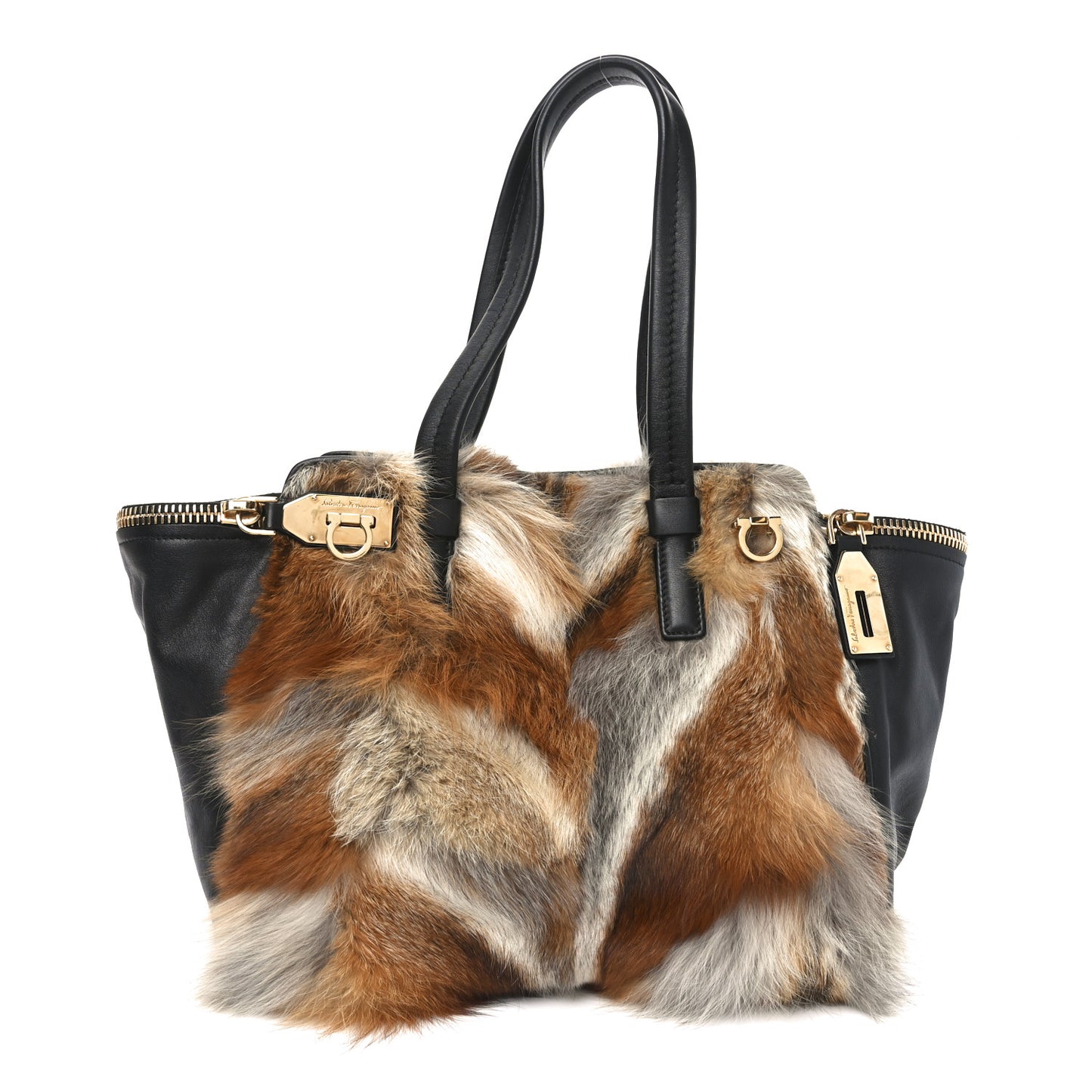 Calfskin Fox Fur Medium Verve Double Zip Tote Black Multicolor