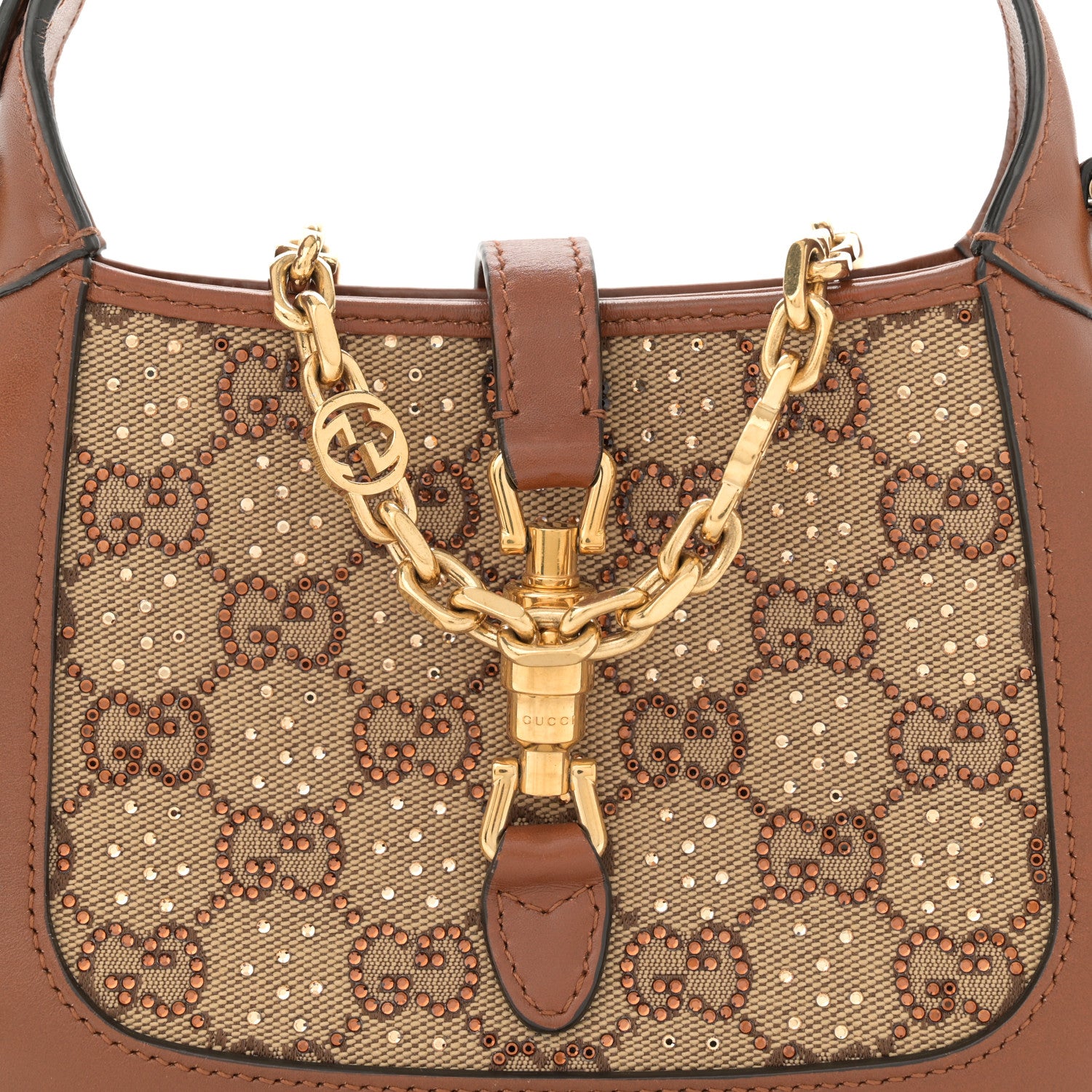 Gucci New Canvas Charisma Calfskin Crystal GG Monogram Mini Jackie 1961 Hobo Camel Ebony 8 of 11