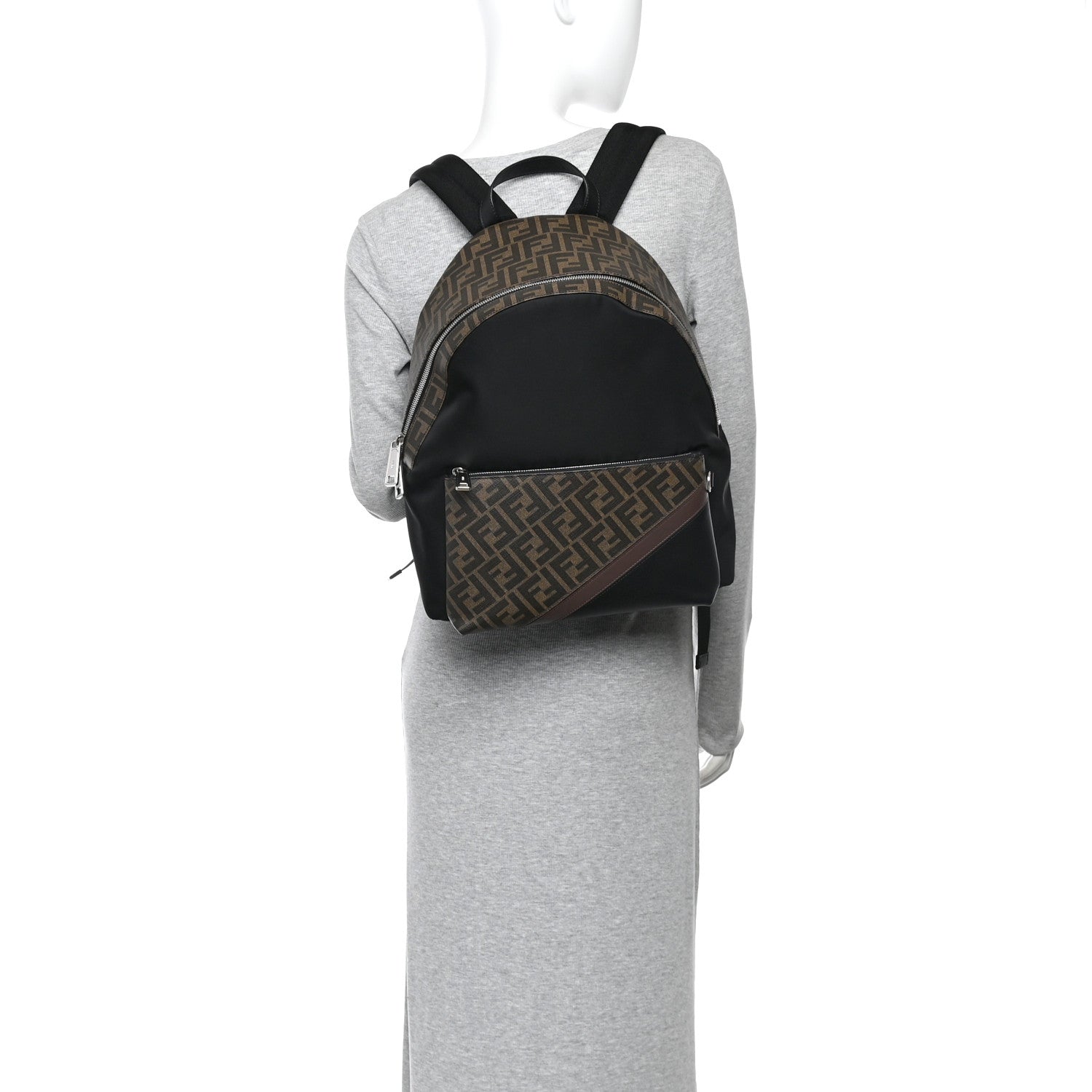 Fendi Glazed Fabric Nylon FF 1974 Diagonal Pouch Pocket Backpack Tobacco Moresco Black 2 of 10