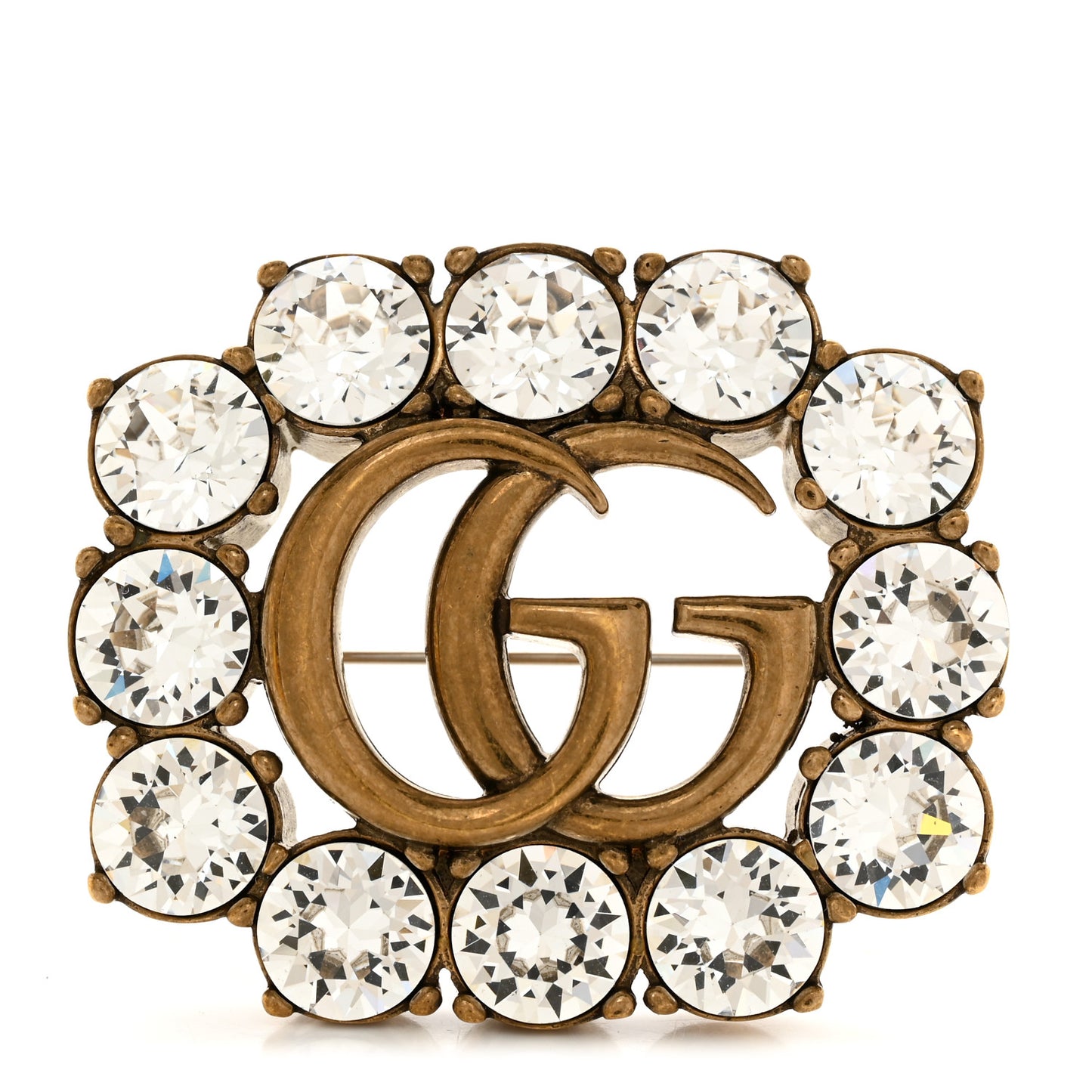 Metal Crystal Double G Brooch Aged Gold
