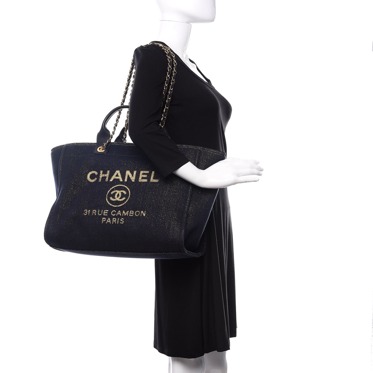 Chanel Lurex Canvas Medium Deauville Tote Navy Blue Gold 3 of 12