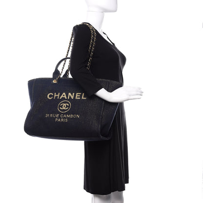 Chanel Lurex Canvas Medium Deauville Tote Navy Blue Gold 3 of 12