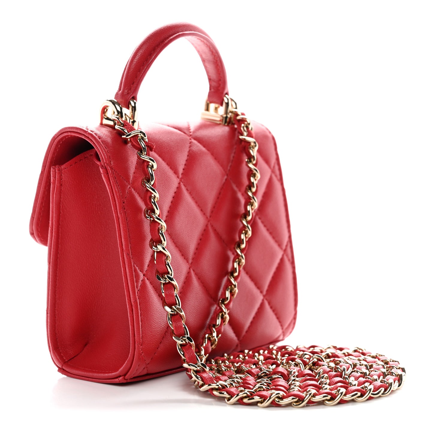 Lambskin Quilted Top Handle Flap Clutch With Chain Red