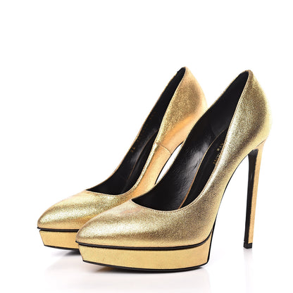 Saint Laurent Metallic Grained Calfskin Janis 105 D'Orsay Pumps 39.5 Black Gold 6 of 16