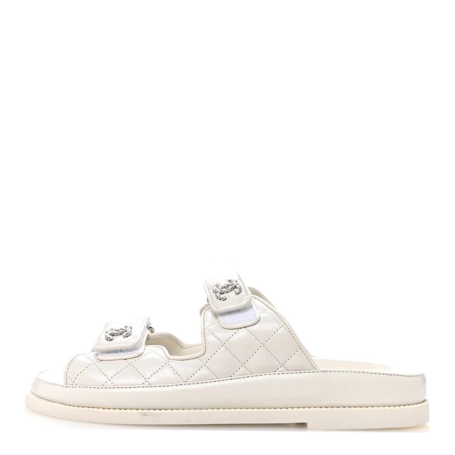 Chanel Lambskin Quilted Velcro Dad Chain CC Slide Sandals 39 White 1 of 9