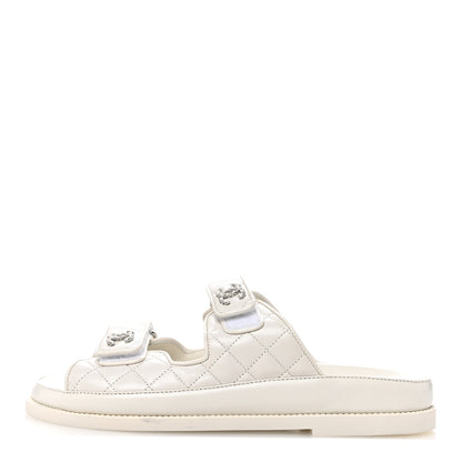 Chanel Lambskin Quilted Velcro Dad Chain CC Slide Sandals 39 White 1 of 9
