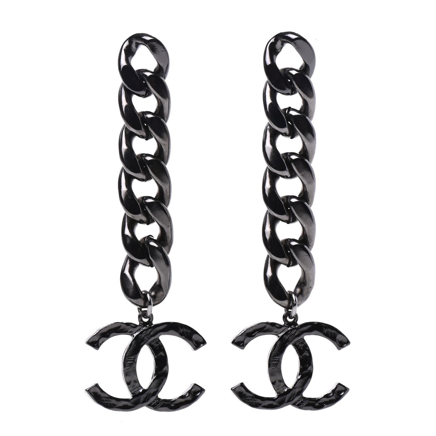 Metal CC Pick Drop Earrings Ruthenium