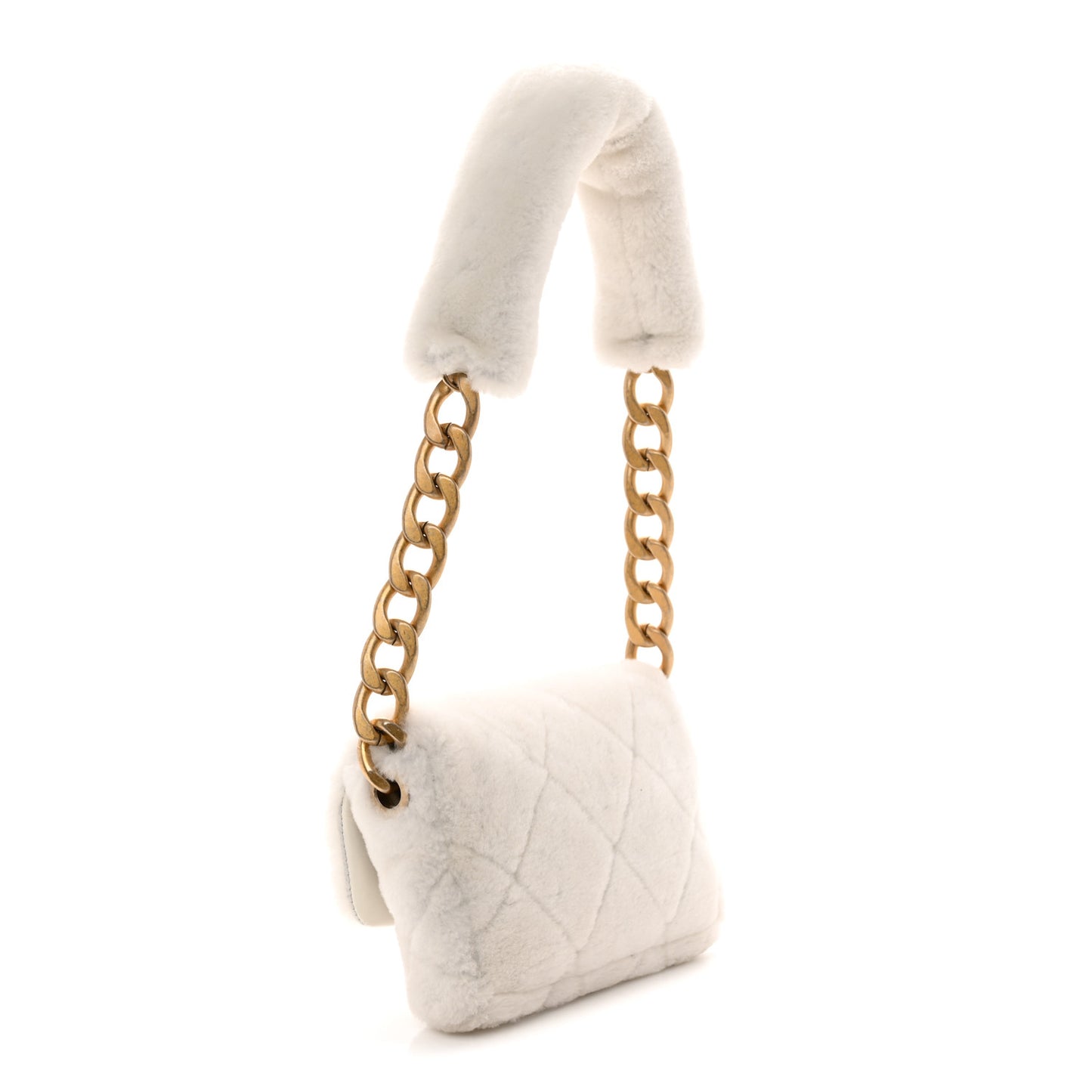 Shearling Lambskin Quilted CC Chain Flap White
