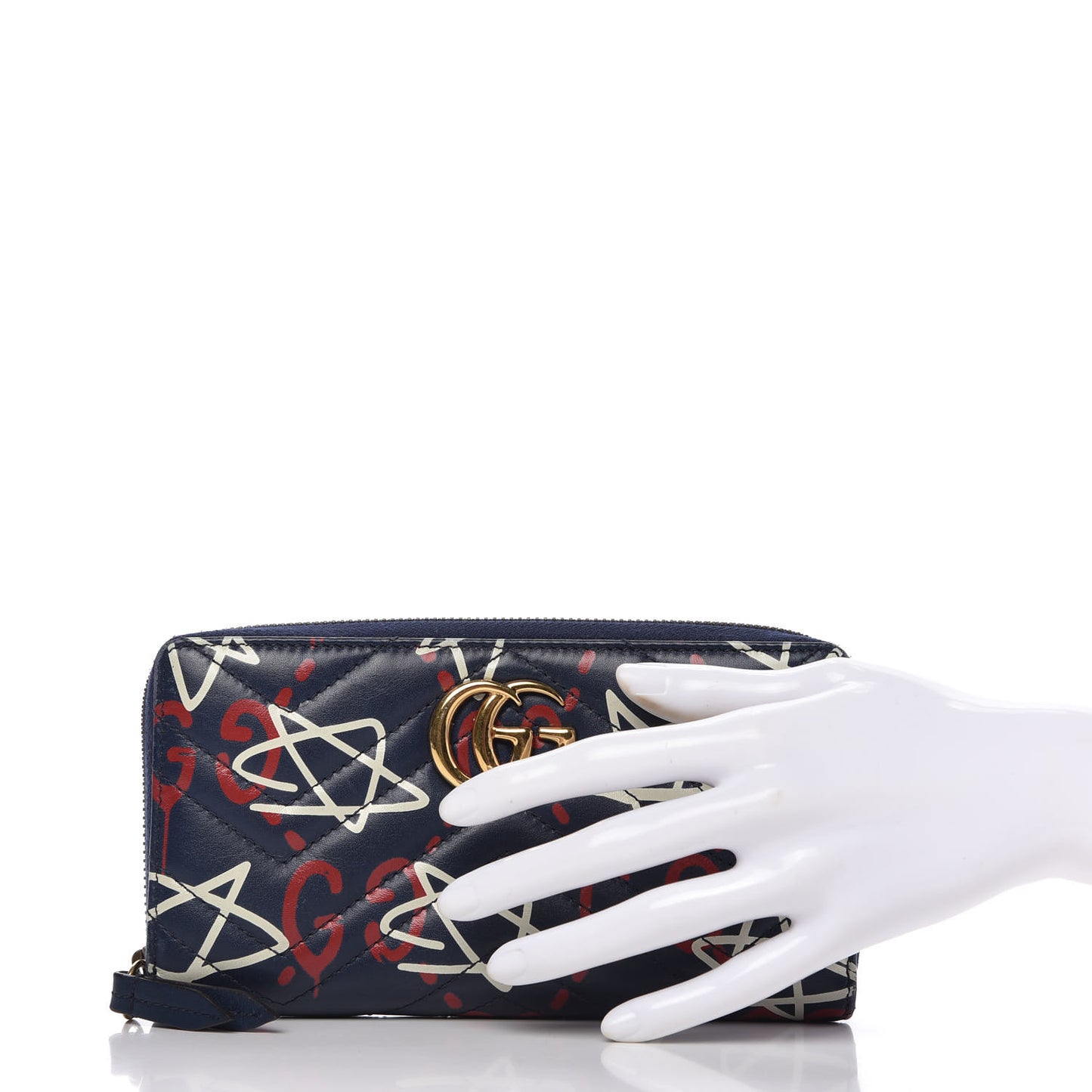 Calfskin Matelasse GucciGhost GG Marmont Zip Around Wallet Blue Agata Hibiscus Red