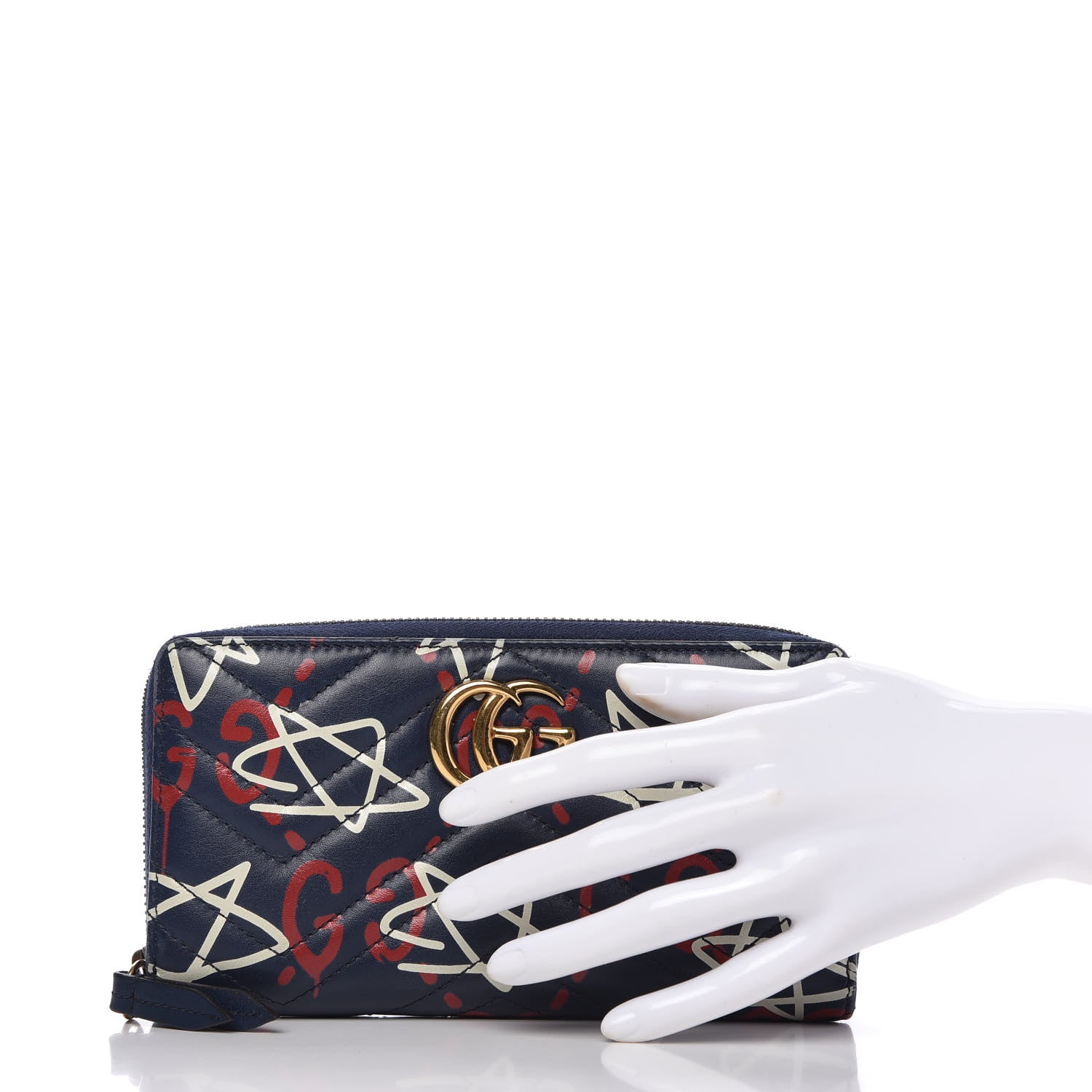 Gucci Calfskin Matelasse GucciGhost GG Marmont Zip Around Wallet Blue Agata Hibiscus Red 2 of 10