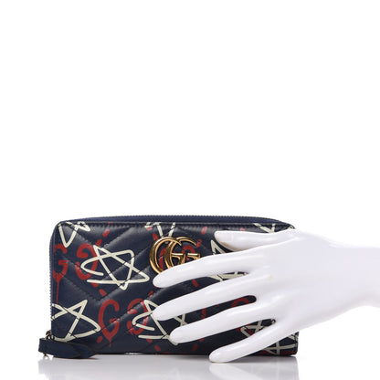Gucci Calfskin Matelasse GucciGhost GG Marmont Zip Around Wallet Blue Agata Hibiscus Red 2 of 10