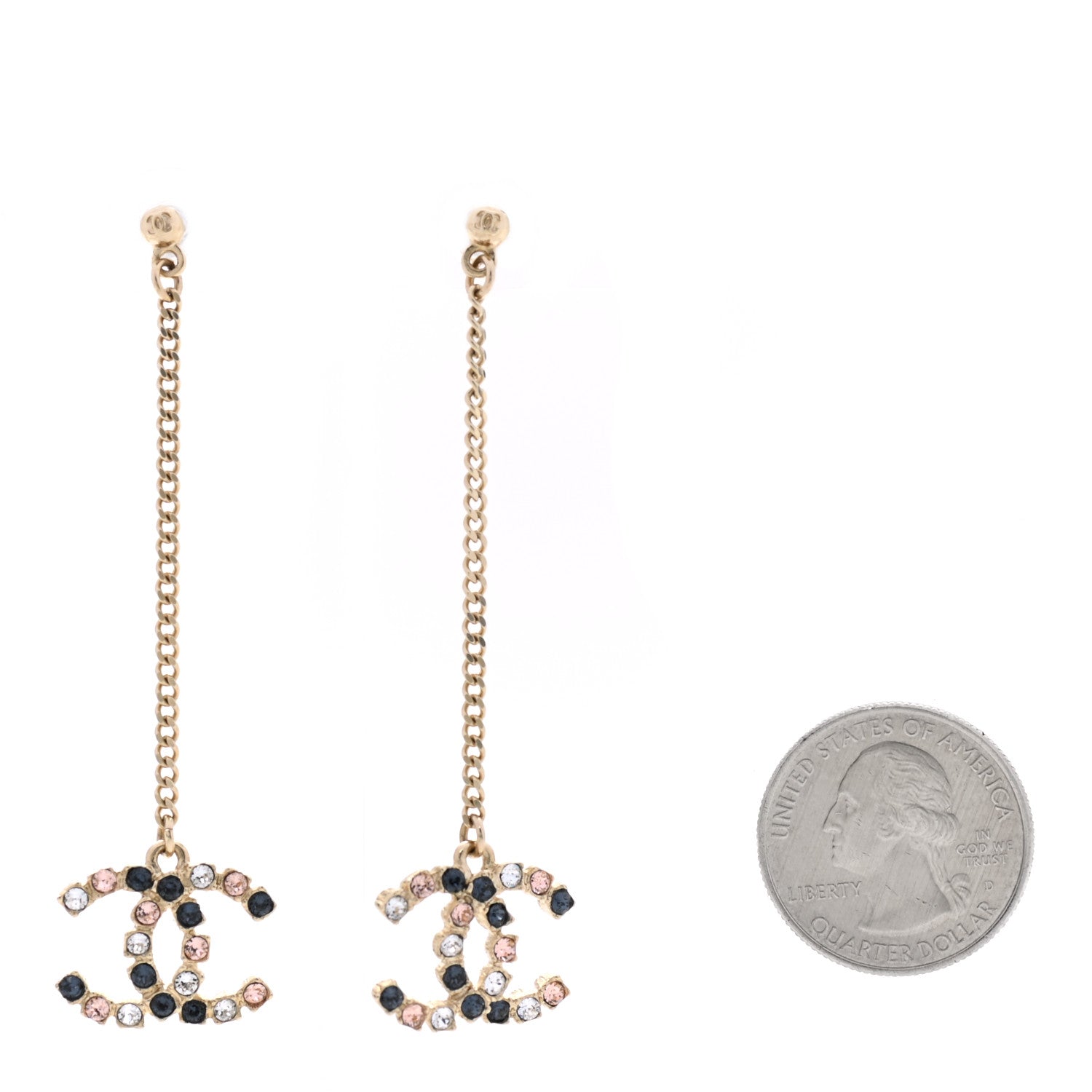Chanel Crystal CC Drop Earrings Pink Grey Gold 2 of 5