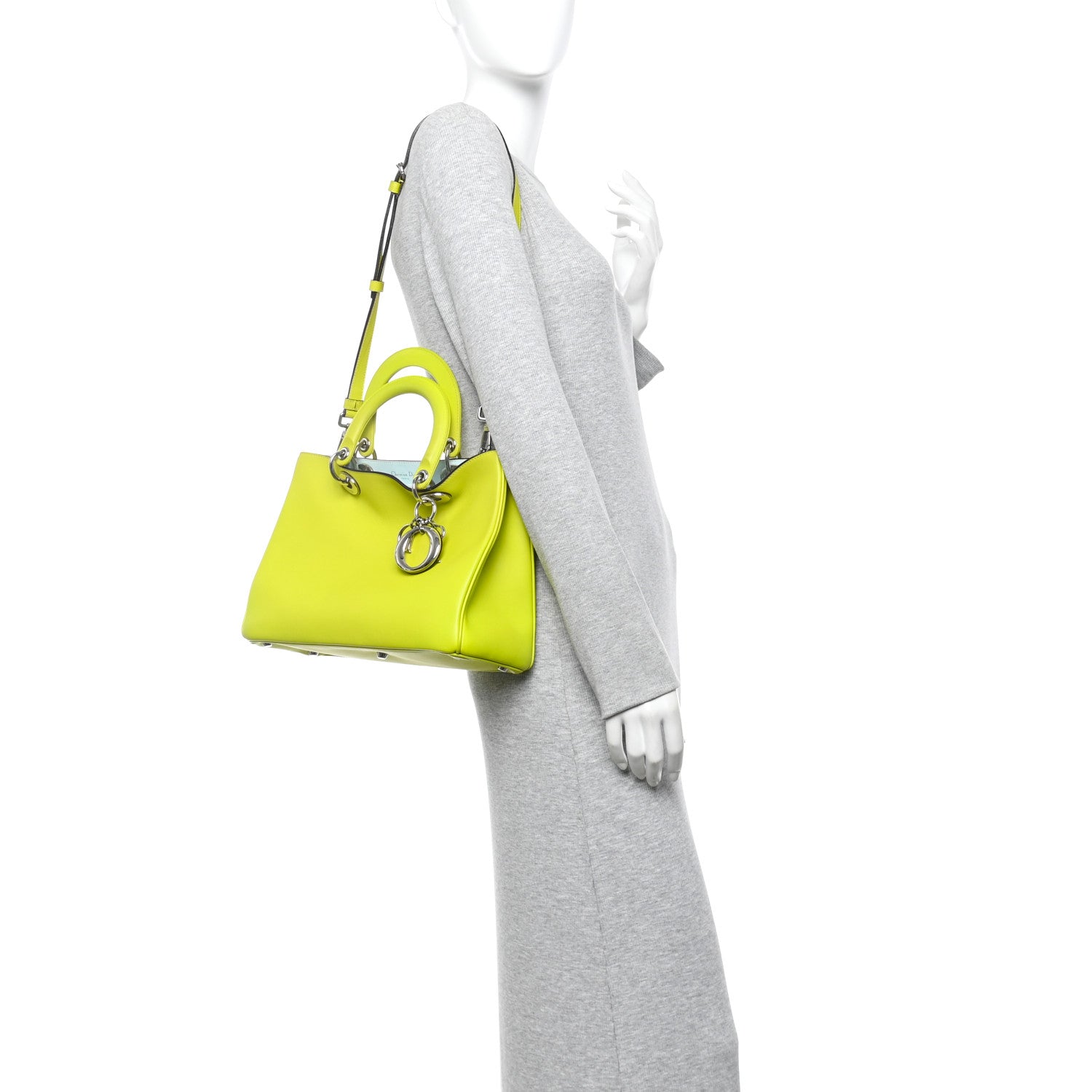 Christian Dior Smooth Calfskin Medium Diorissimo Tote Neon Yellow Light Blue 2 of 11