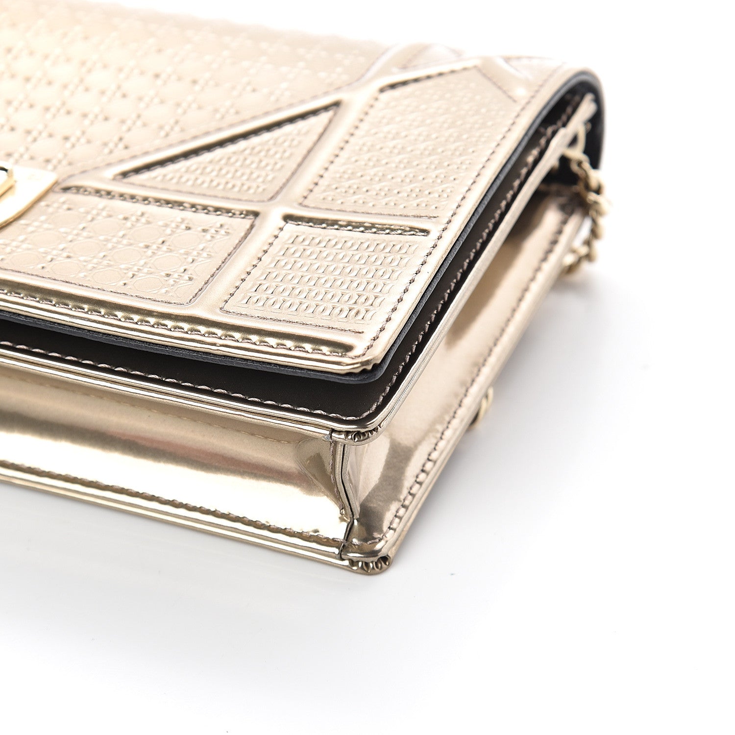 Christian Dior Metallic Patent Micro-Cannage Diorama Wallet on Chain Pouch Gold 9 of 9