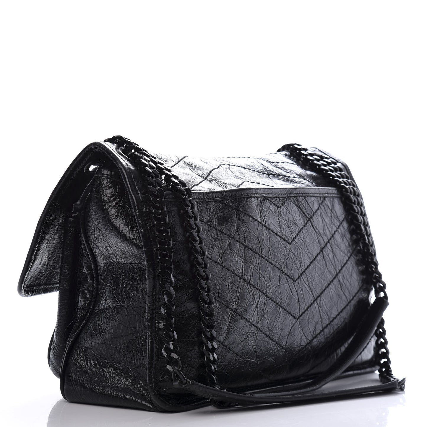 Crinkled Calfskin Matelasse Monogram Medium Niki Chain Satchel Black