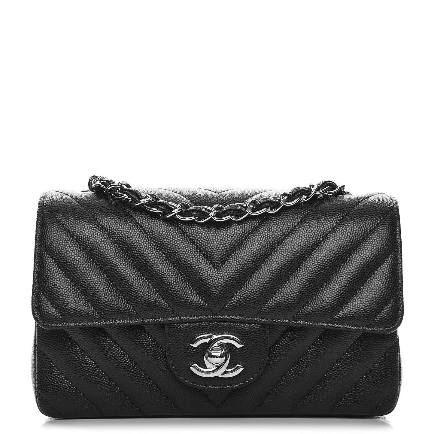 Caviar Chevron Quilted Mini Rectangular Flap Black