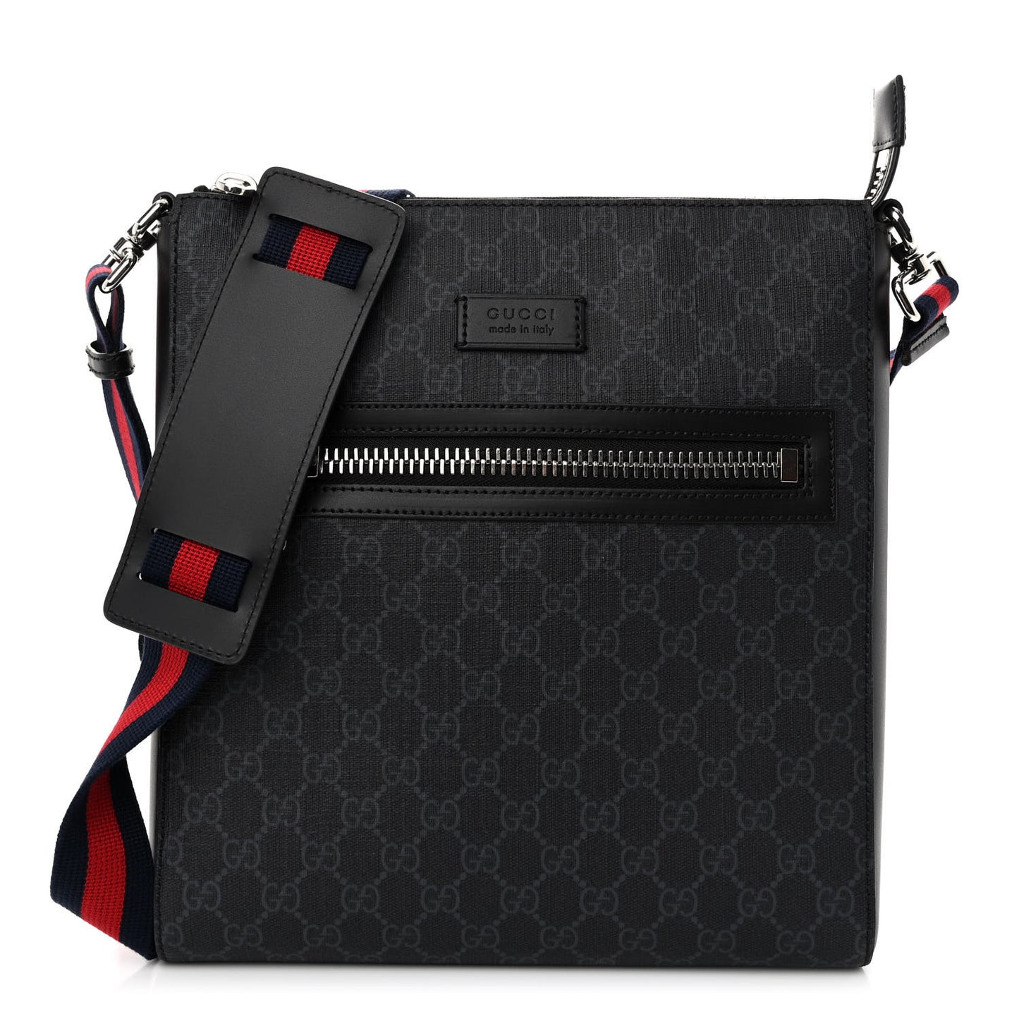 GG Supreme Monogram Appia Calfskin Web Flat Messenger Bag Black Grey