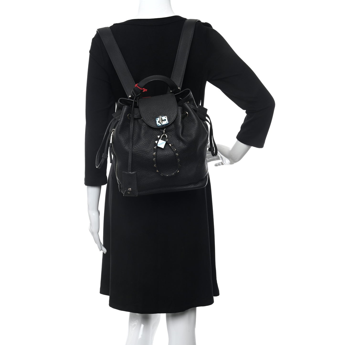 Pebbled Calfskin Rockstud Drawstring Backpack Black