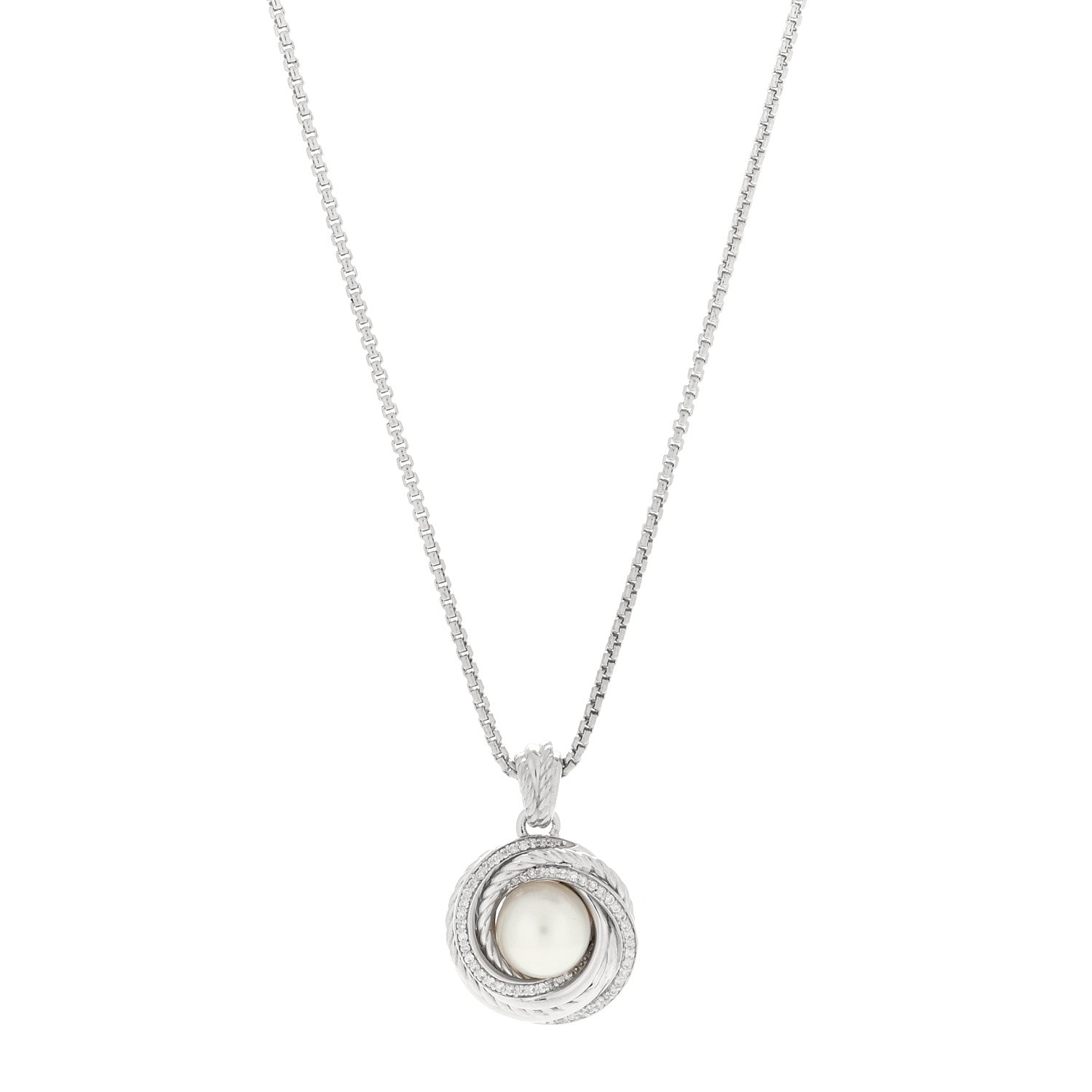 David Yurman Sterling Silver Diamond Pearl 10mm Crossover Pendant Necklace 1 of 3