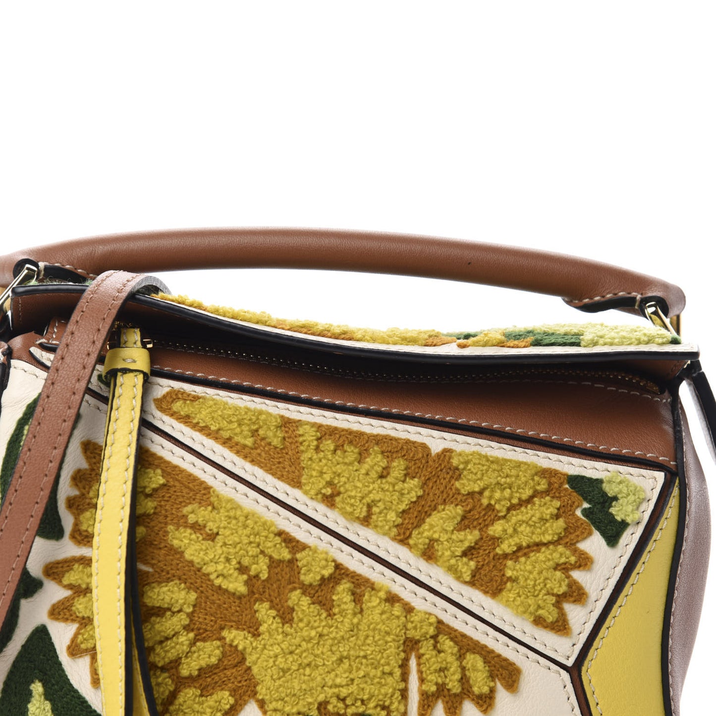 Calfskin Embroidered Floral Mini Puzzle Bag Tan Yellow