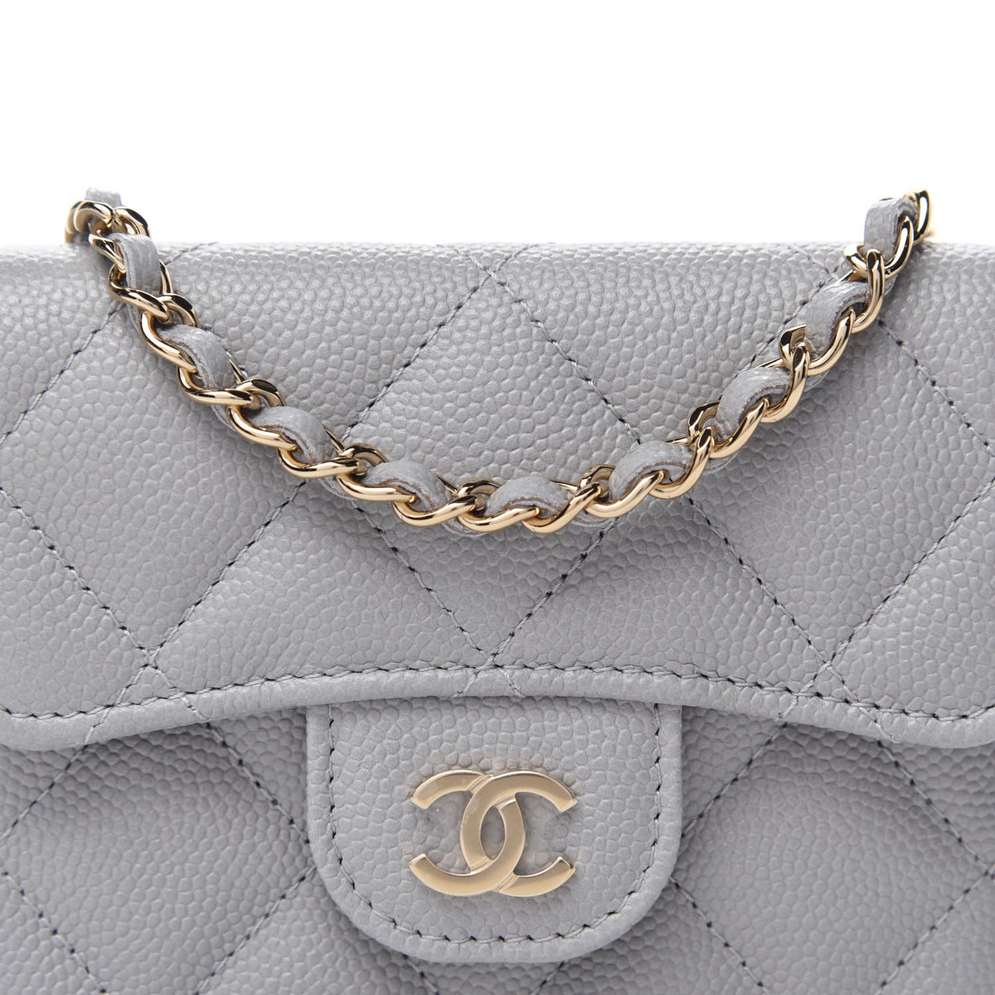 Caviar Quilted Flap Card Holder On Chain Grey