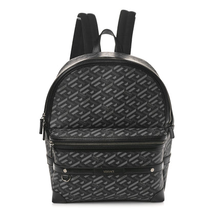 Versace Coated Canvas Calfskin La Greca Signature Backpack Black Grey 1 of 9