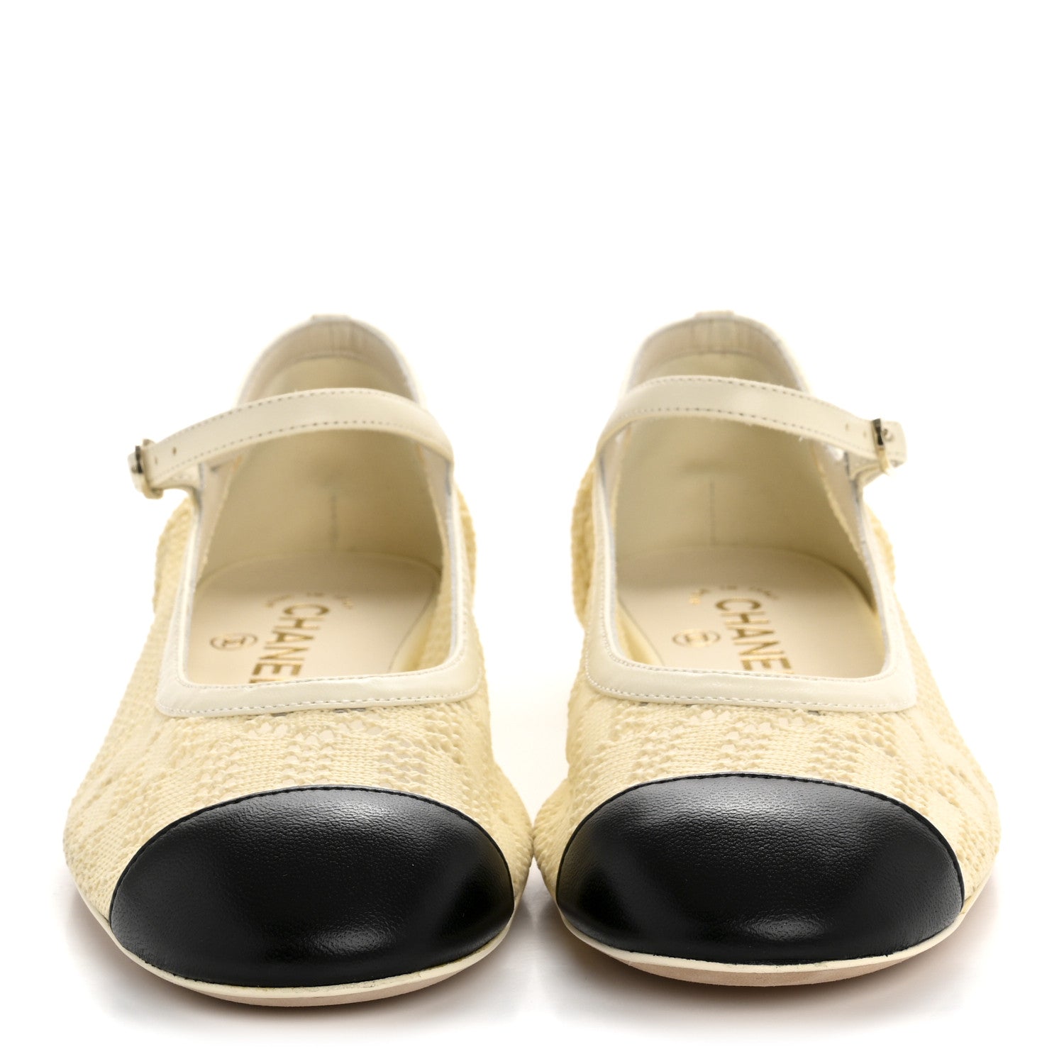 Chanel Crochet Lambskin Cap Toe Mary Jane Flats 38 Natural Beige Black 3 of 9