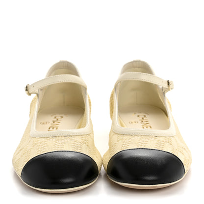 Chanel Crochet Lambskin Cap Toe Mary Jane Flats 38 Natural Beige Black 3 of 9