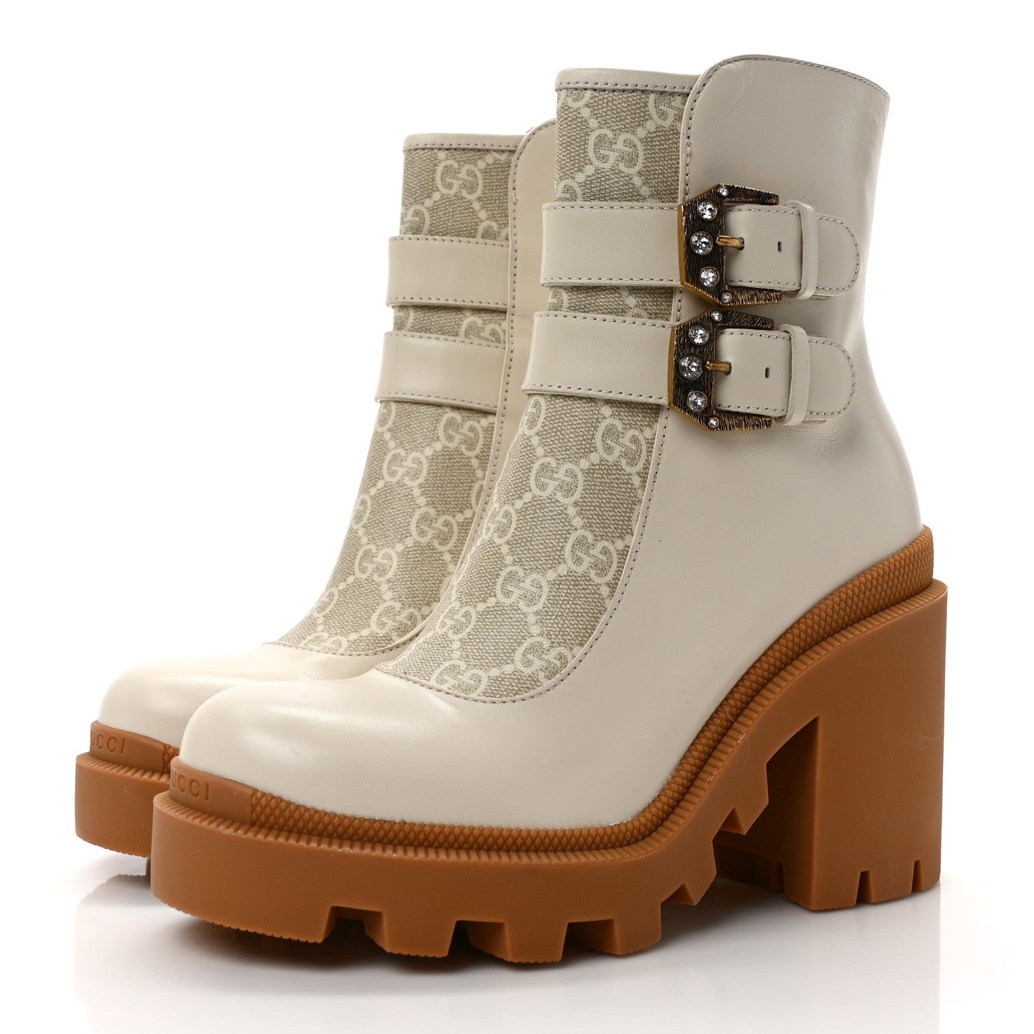 Gucci Kensington Calfskin Nappa GG Supreme Monogram Womens Double Buckle Ankle Boots 35 Mystic White Beige 3 of 8