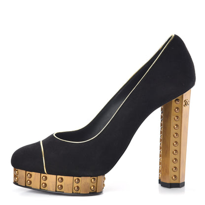 Chanel Suede Studded Platform Pumps 37.5 Black Gold 1 of 8