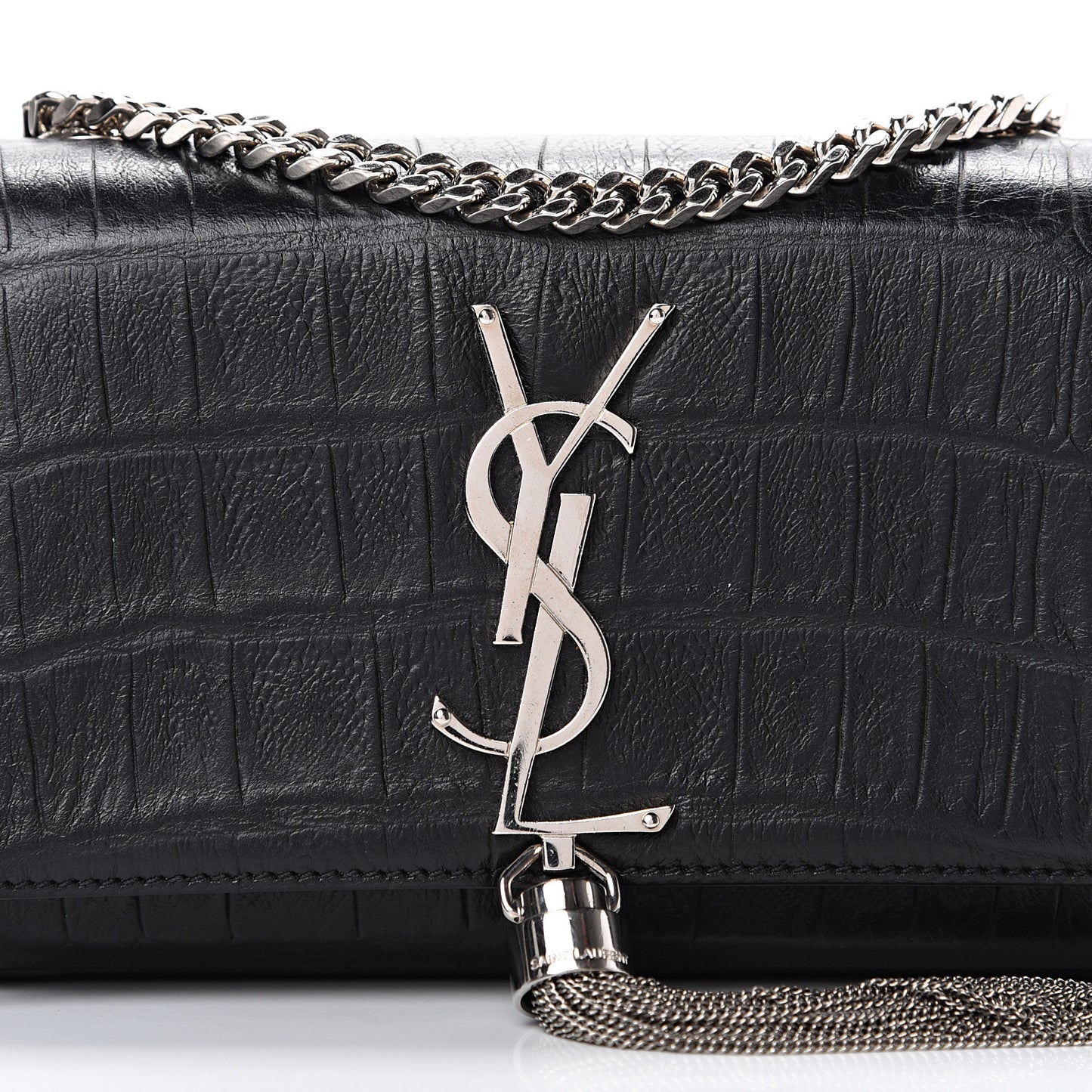 Calfskin Crocodile Embossed Monogram Small Kate Tassel Satchel Black