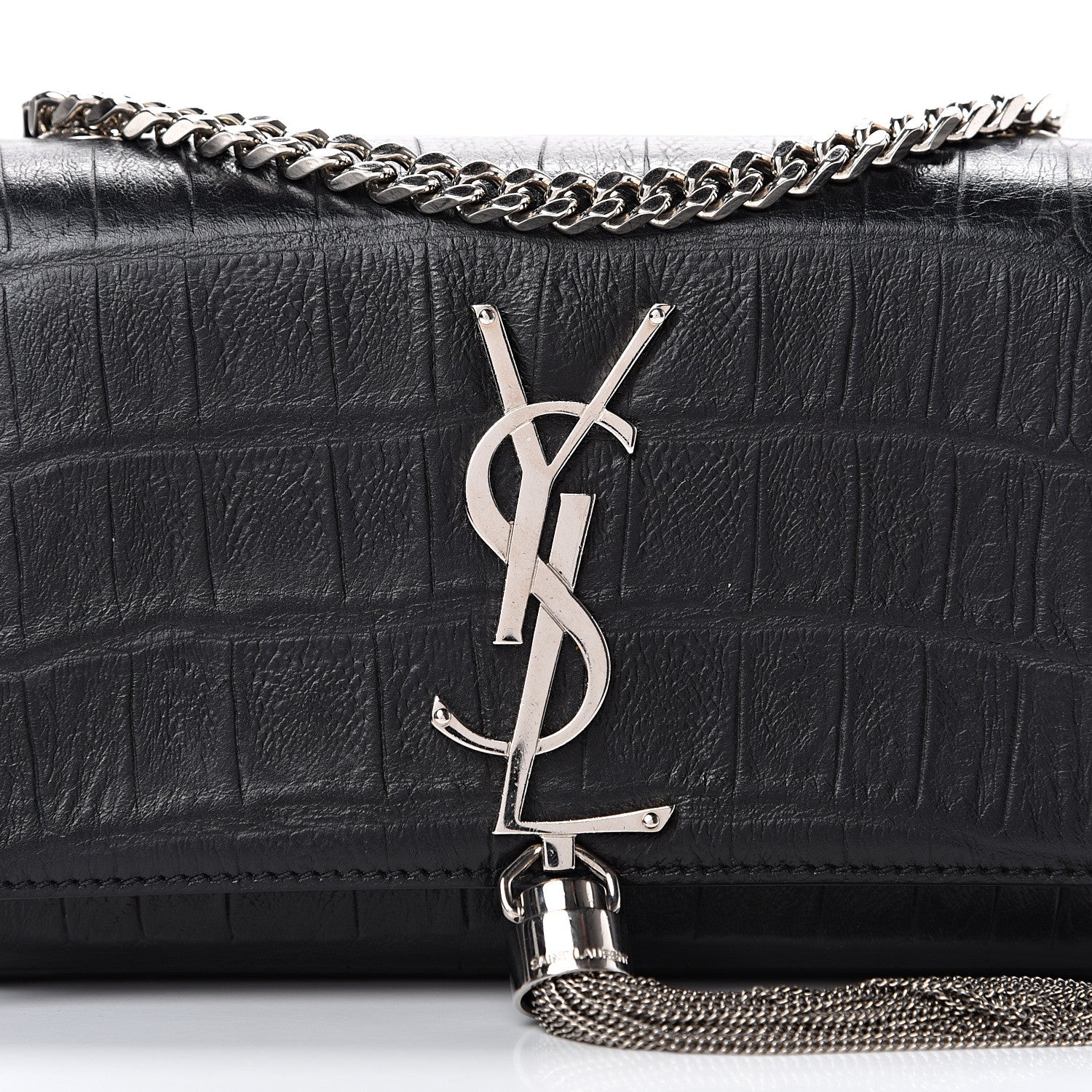 Saint Laurent Calfskin Crocodile Embossed Monogram Small Kate Tassel Satchel Black 7 of 11
