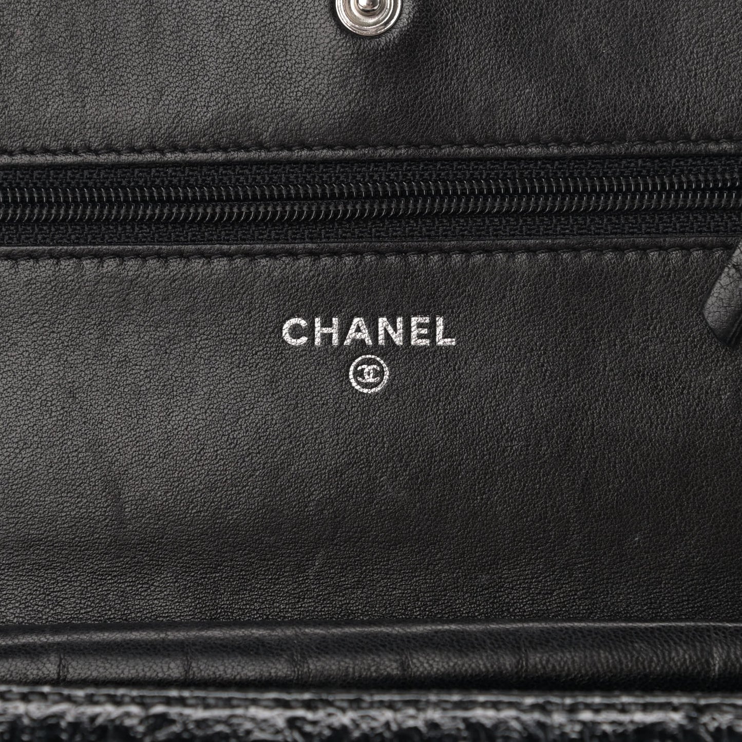 Distressed Patent Calfskin Quilted Wallet on Chain WOC Black