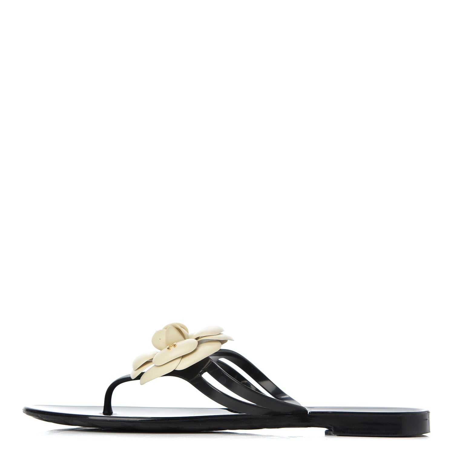 Chanel Jelly Camellia Thong Sandals 39 Black Ivory 1 of 14