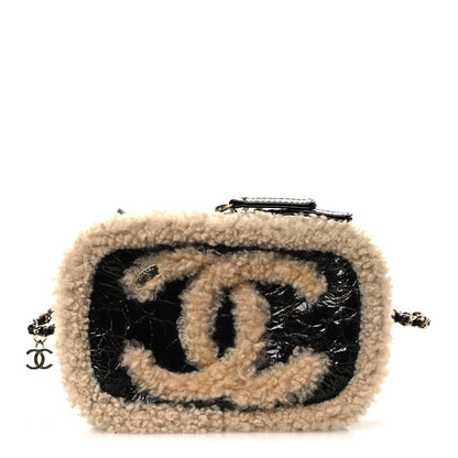 Chanel Shiny Crumpled Sheepskin Shearling Waist Bag Black Beige 1 of 13