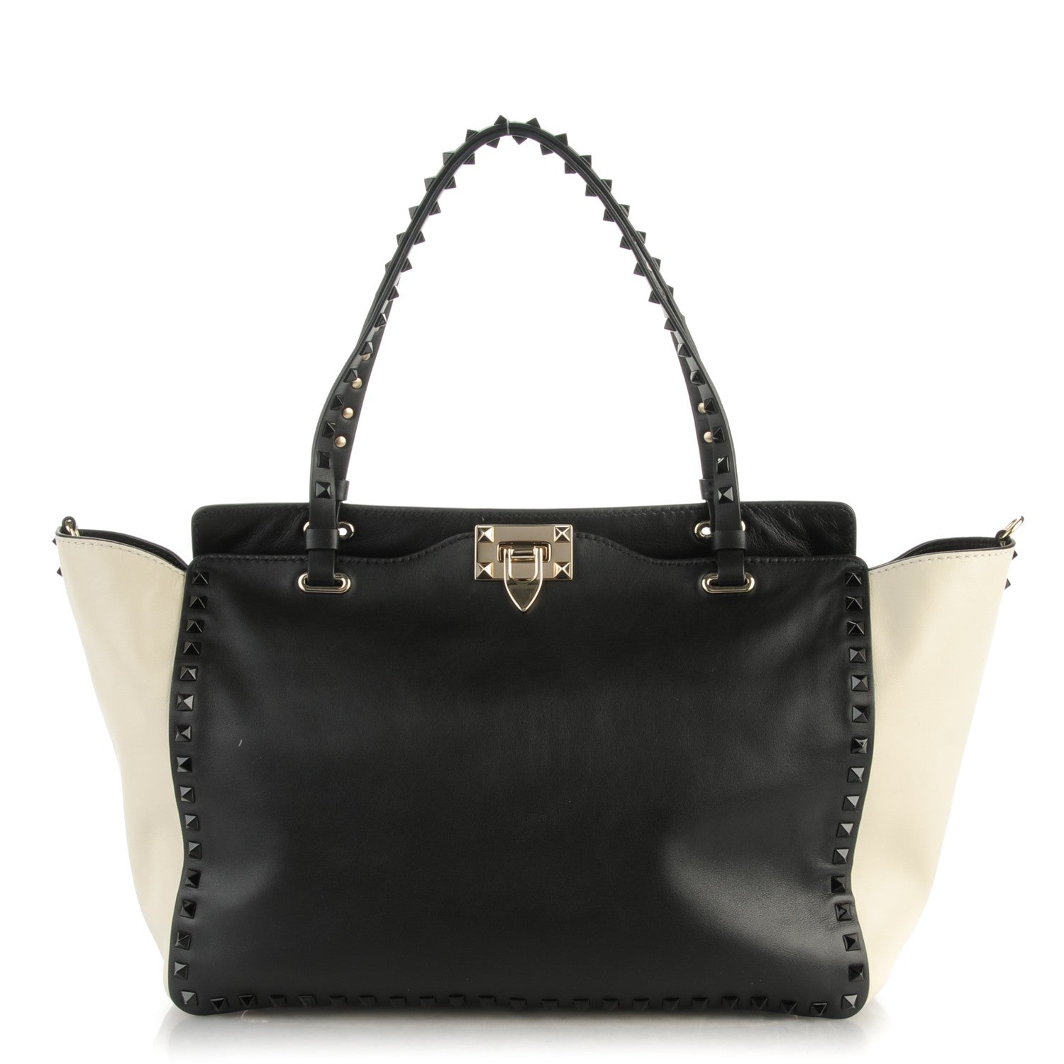 Valentino Garavani Vitello Monochrome Medium Rockstud Tote Black Light Ivory 1 of 7