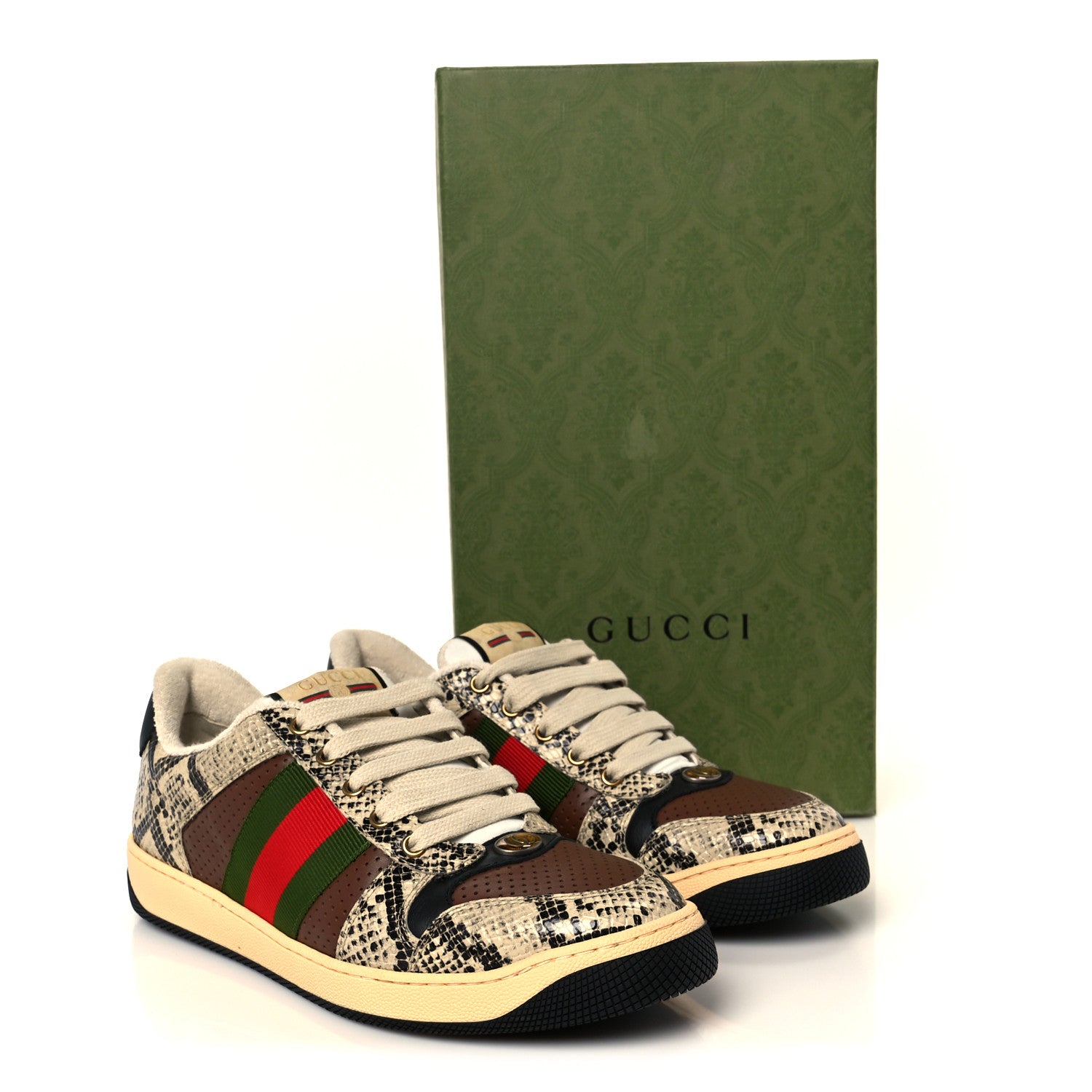 Gucci Calfskin Python Print Web Mens Screener Sneakers 7 Beige Avana Cuir 11 of 11