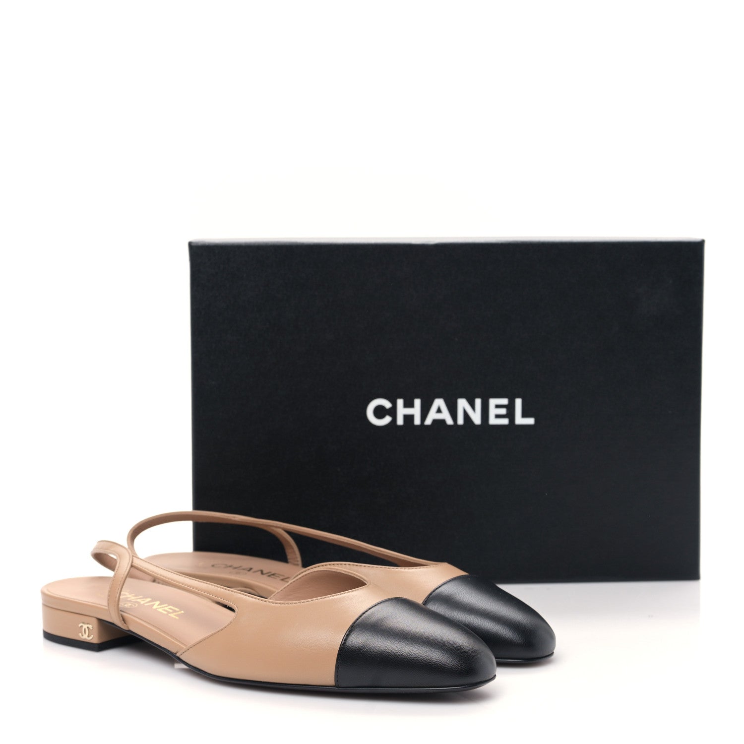 Chanel Lambskin Cap Toe CC Slingback Sandals 39.5 Beige Black 9 of 9