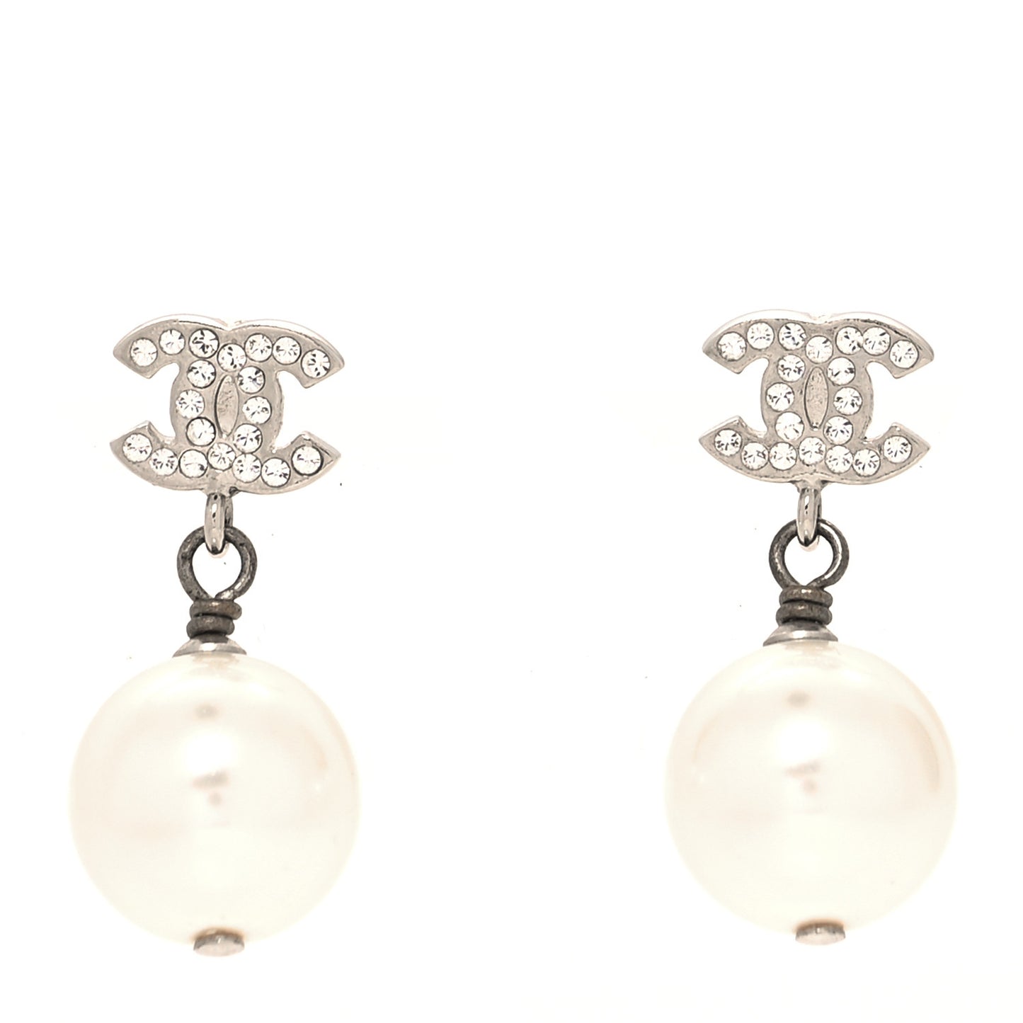 Crystal Pearl CC Drop Earrings Silver Pearly White