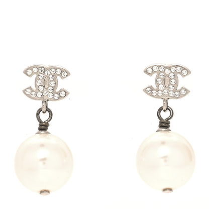 Chanel Crystal Pearl CC Drop Earrings Silver Pearly White 1 of 4