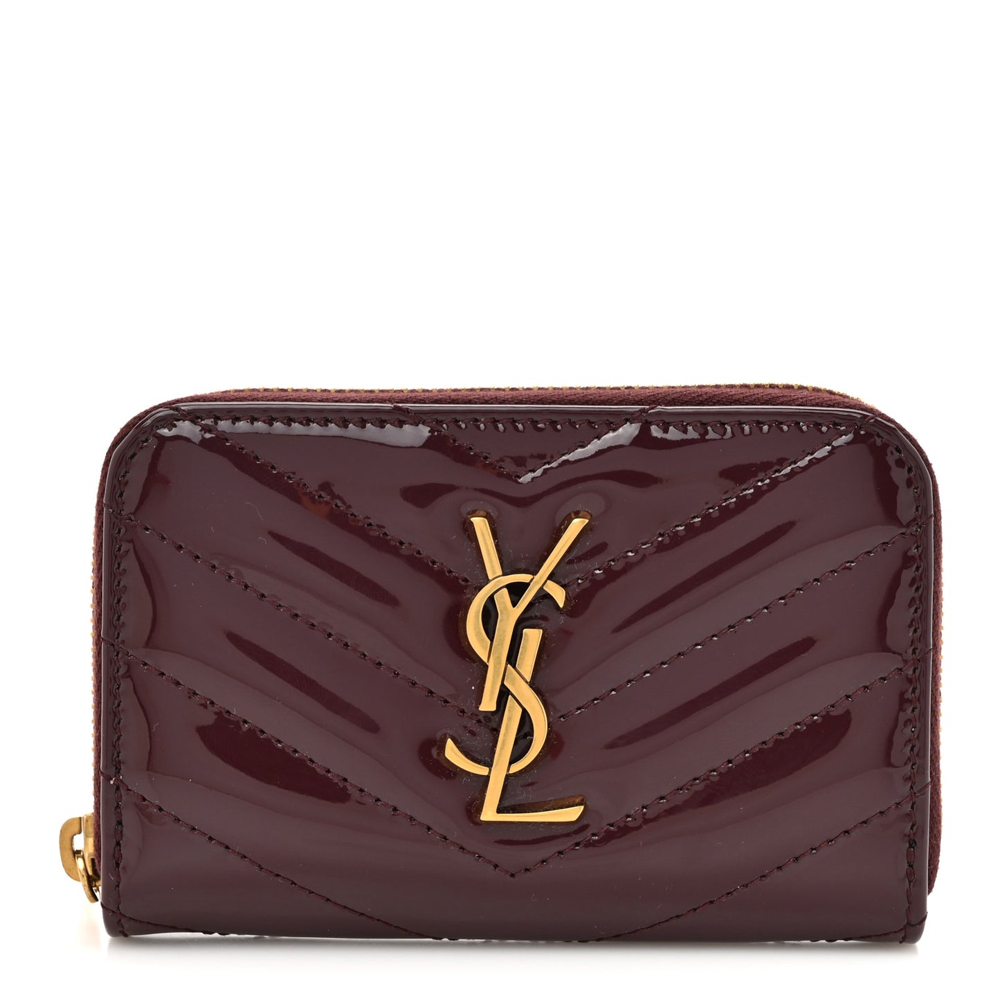 Patent Matelasse Chevron Monogram Cassandre Compact Zip Around Card Wallet Dark Red Wine