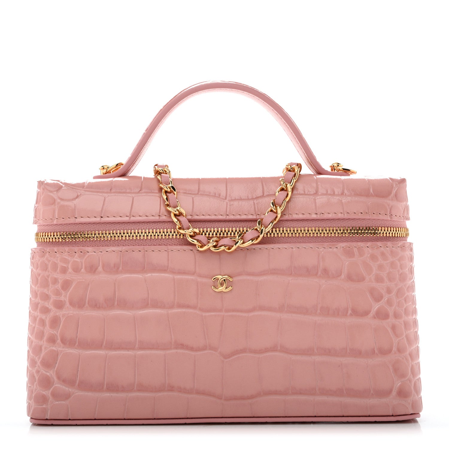 Chanel Calfskin Crocodile Embossed Crococo Top Handle Slim Vanity Case With Chain Light Pink 1 of 12