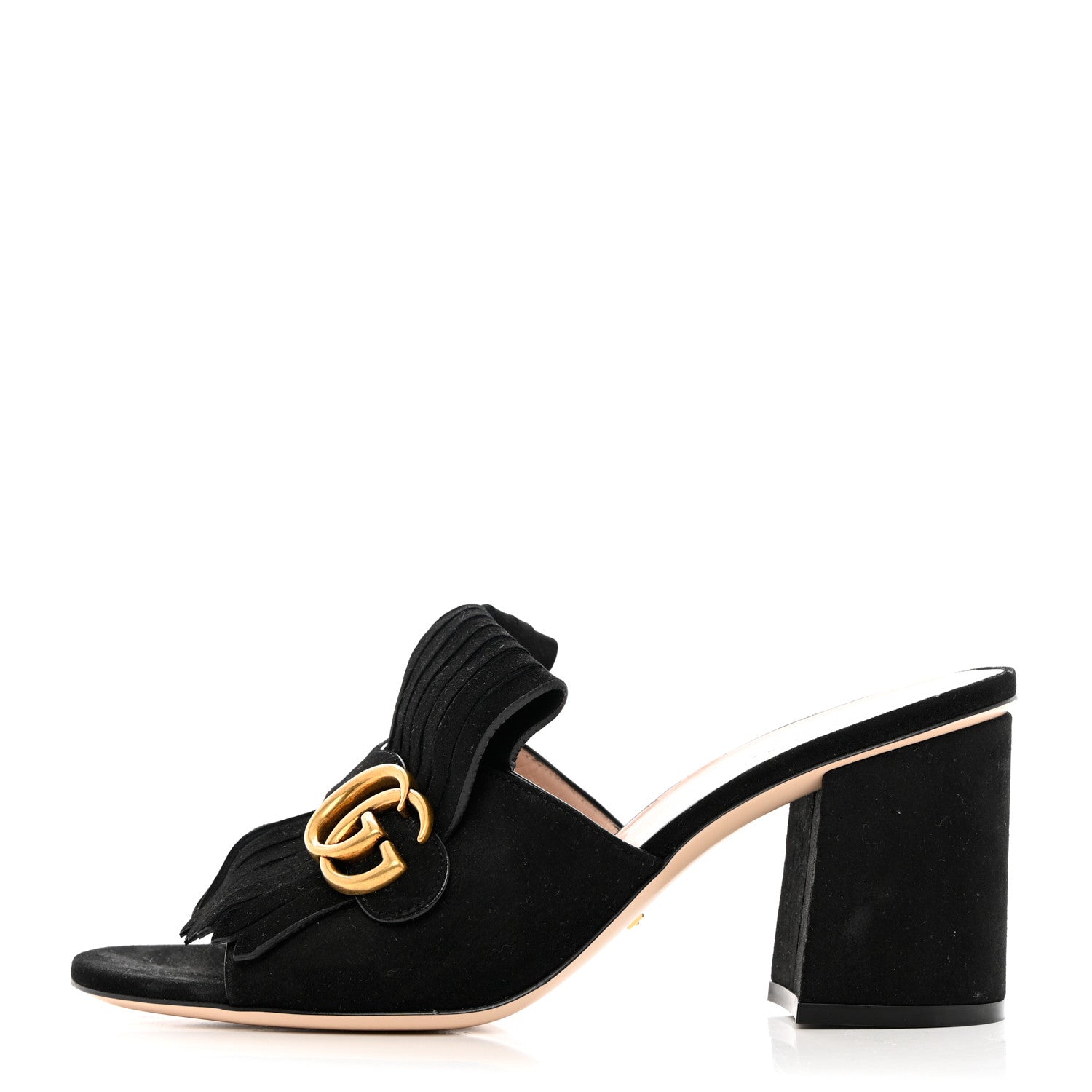 Gucci Kid Scamosciato GG Marmont Fringe 75mm Slide Sandals 38.5 Black 1 of 12